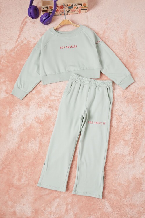 Yeşil Los Angeles Sırt Baskılı Yırtmaçlı Kız Çocuk Eşofman Takımı 16711