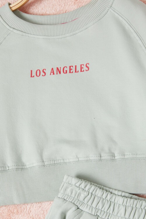 Yeşil Los Angeles Sırt Baskılı Yırtmaçlı Kız Çocuk Eşofman Takımı 16711