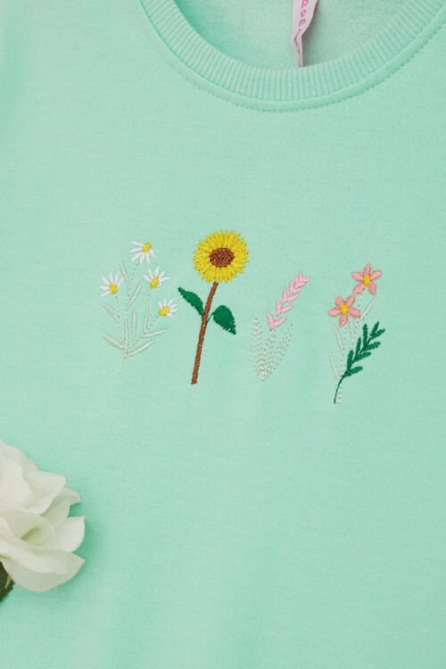 Yeşil Papatya Nakışlı Kız Çocuk Kız Çocuk Sweatshirt 17204