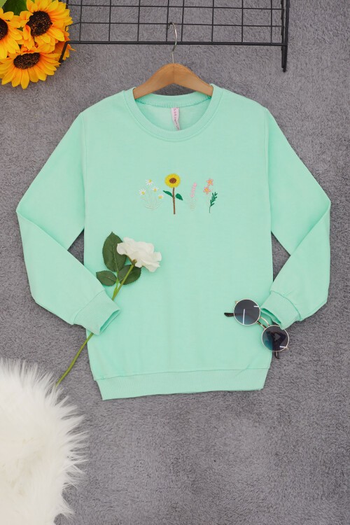 Yeşil Papatya Nakışlı Kız Çocuk Kız Çocuk Sweatshirt 17204