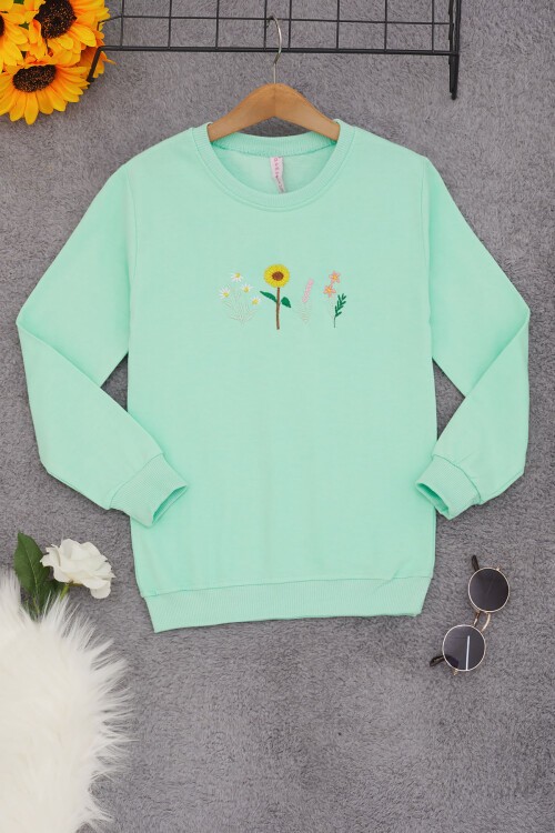 Yeşil Papatya Nakışlı Kız Çocuk Kız Çocuk Sweatshirt 17204