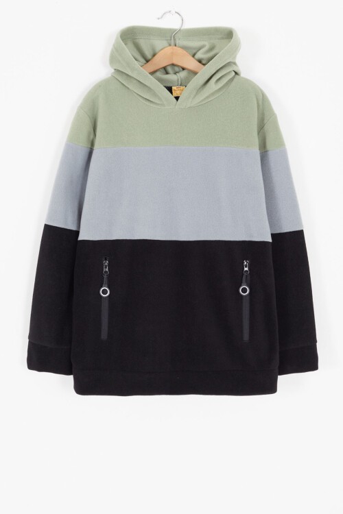 Yeşil Renk Bloklu Polarlı Kapüşonlu Unisex Çocuk Sweatshirt 16903