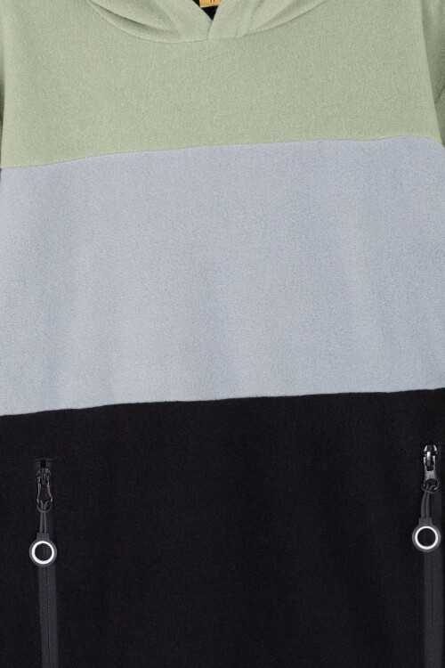 Yeşil Renk Bloklu Polarlı Kapüşonlu Unisex Çocuk Sweatshirt 16903