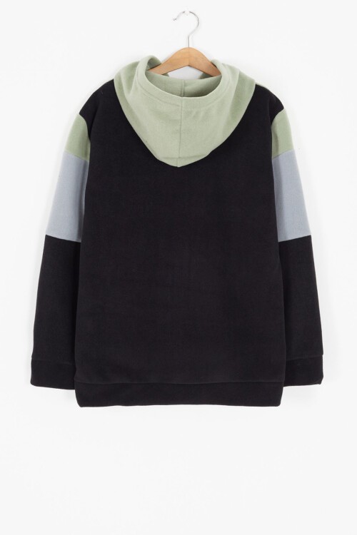 Yeşil Renk Bloklu Polarlı Kapüşonlu Unisex Çocuk Sweatshirt 16903