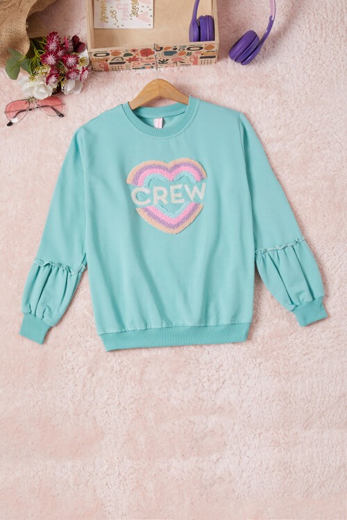 Yeşil Renkli Kalp Desenli Payetli Kız Çocuk Sweatshirt 16699