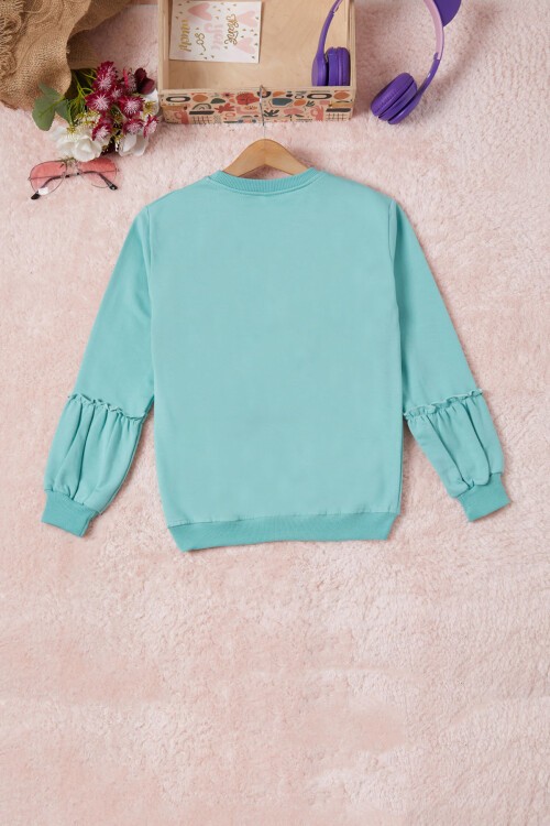 Yeşil Renkli Kalp Desenli Payetli Kız Çocuk Sweatshirt 16699