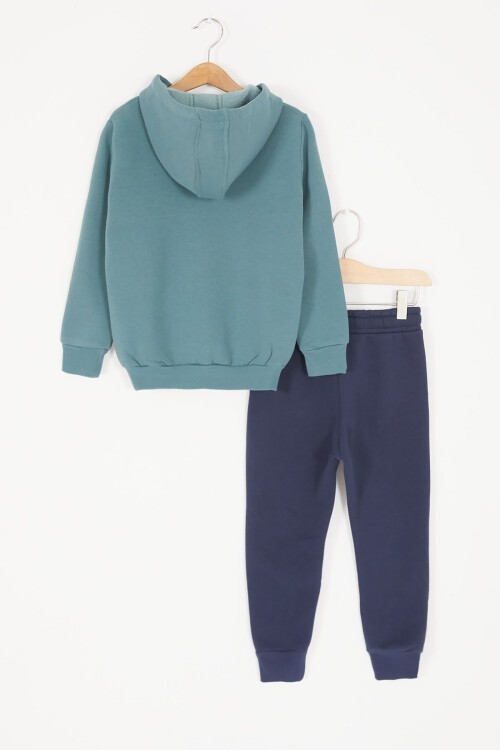 Yeşil Şerit Yazılı Kapüşonlu Erkek Çocuk Şardonlu Eşofman Takımı 16974