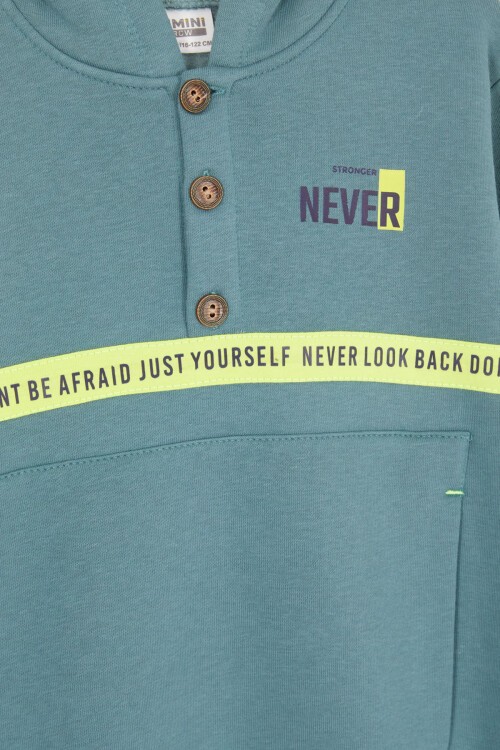 Yeşil Şerit Yazılı Kapüşonlu Erkek Çocuk Şardonlu Eşofman Takımı 16974