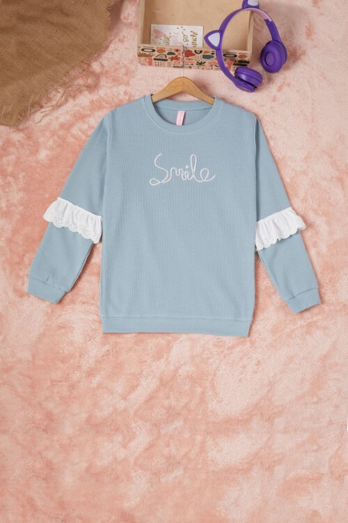 Yeşil Smile Nakışlı Kız Çocuk Waffle Sweatshirt 16594