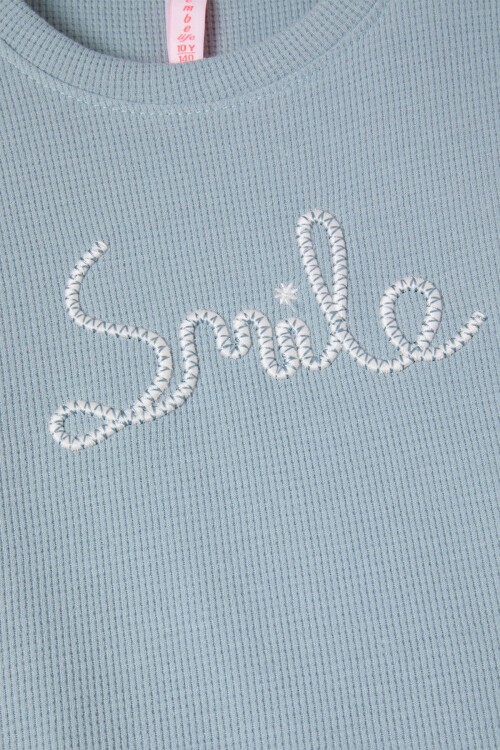 Yeşil Smile Nakışlı Kız Çocuk Waffle Sweatshirt 16594