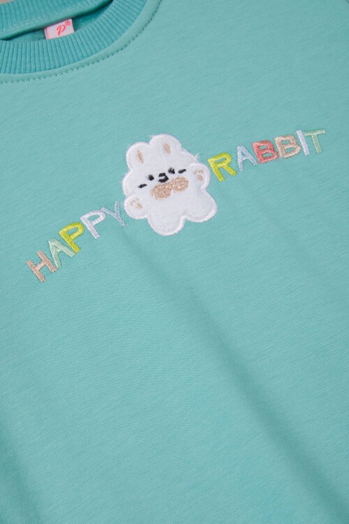 Yeşil Tavşan Nakışlı Yazılı Kız Çocuk Sweatshirt 16948