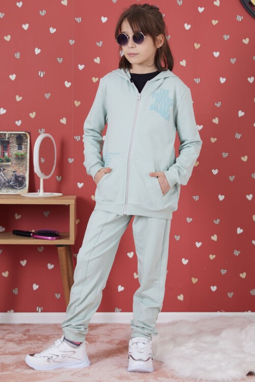 Yeşil Universe Baskılı Kapüşonlu Hırkalı Kız Eşofman Takımı 17273