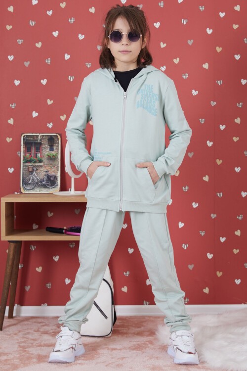 Yeşil Universe Baskılı Kapüşonlu Hırkalı Kız Eşofman Takımı 17273