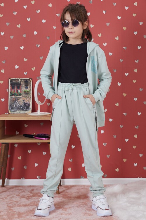 Yeşil Universe Baskılı Kapüşonlu Hırkalı Kız Eşofman Takımı 17273