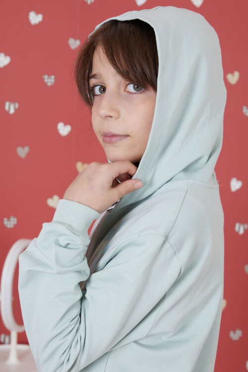 Yeşil Universe Baskılı Kapüşonlu Hırkalı Kız Eşofman Takımı 17273