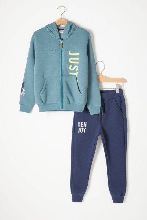 Yeşil Yazı Baskılı Kapşonlu Hırkalı Erkek Çocuk Eşofman Takımı 16772