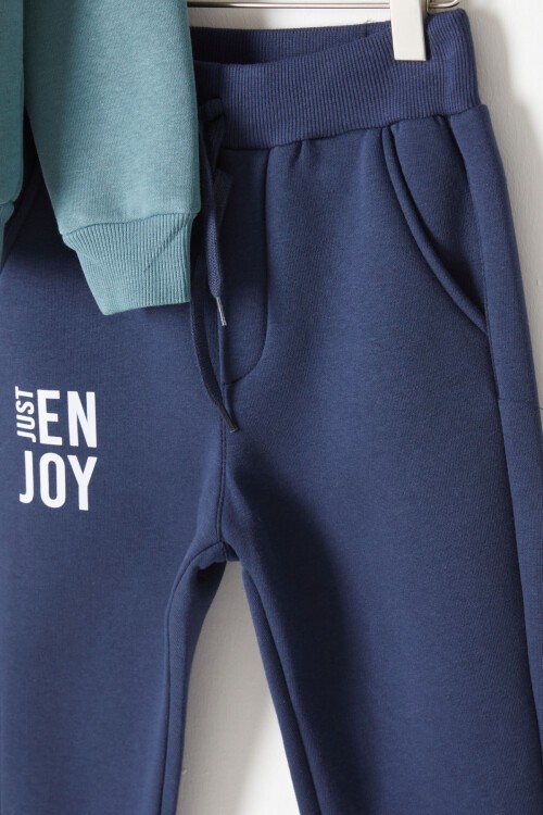 Yeşil Yazı Baskılı Kapşonlu Hırkalı Erkek Çocuk Eşofman Takımı 16772