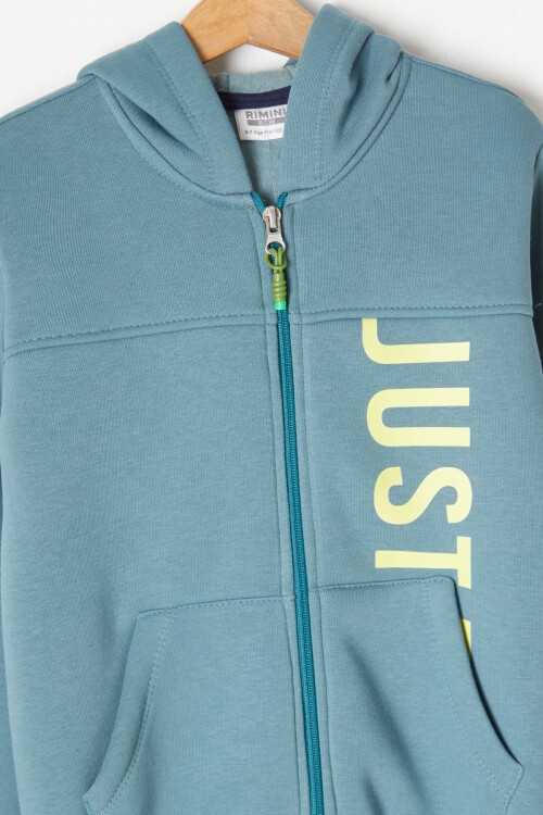 Yeşil Yazı Baskılı Kapşonlu Hırkalı Erkek Çocuk Eşofman Takımı 16772