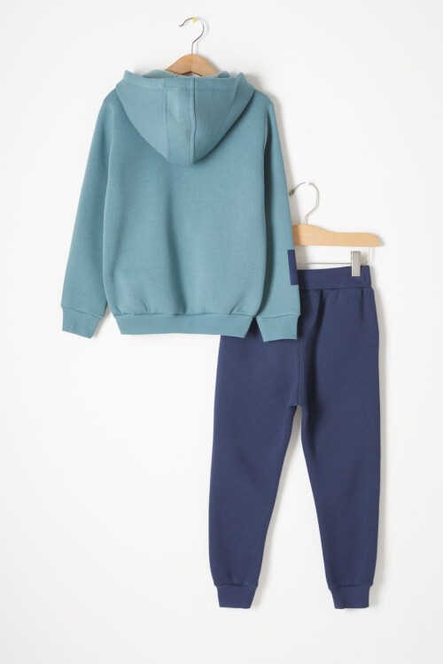 Yeşil Yazı Baskılı Kapşonlu Hırkalı Erkek Çocuk Eşofman Takımı 16772