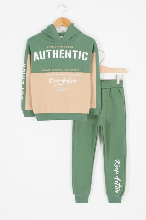 Yeşil Yazı Baskılı Şardonlu Erkek Çocuk Kapüşonlu Eşofman Takımı 17118