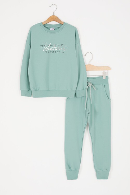 Yeşil Yazı Baskılı Şardonlu Kız Çocuk Eşofman Takımı 16929