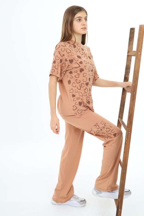 Açık Kahverengi Kalp Baskılı Kız Çocuk Takım 17881