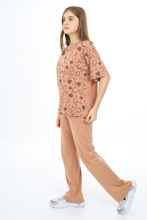 Açık Kahverengi Kalp Baskılı Kız Çocuk Takım 17881