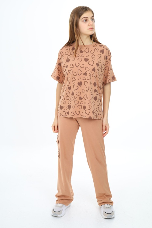 Açık Kahverengi Kalp Baskılı Kız Çocuk Takım 17881