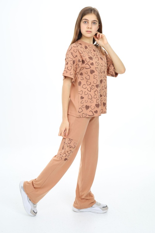Açık Kahverengi Kalp Baskılı Kız Çocuk Takım 17881
