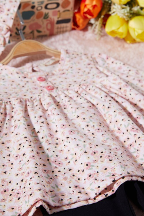 Açık Pembe Çiçek Desenli Bandanalı Kız Bebek Takım 17393