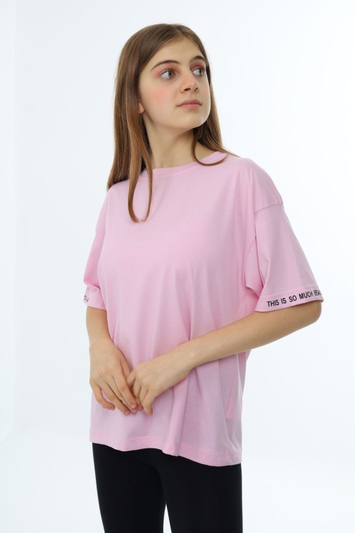 Açık Pembe Düz Bisiklet Yaka Kız Tişört 18039