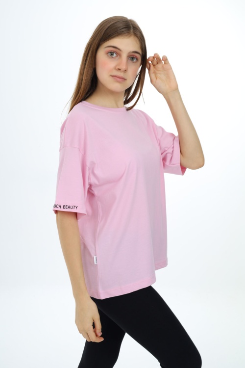 Açık Pembe Düz Bisiklet Yaka Kız Tişört 18039