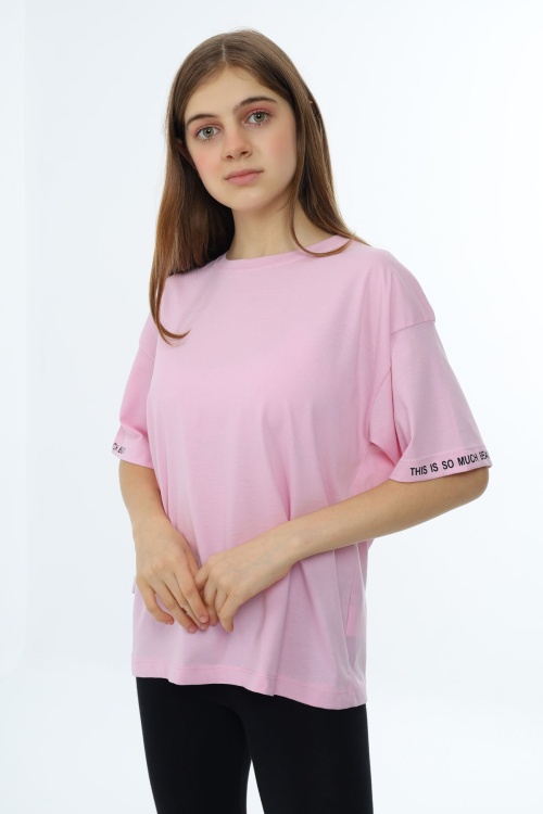 Açık Pembe Düz Bisiklet Yaka Kız Tişört 18039