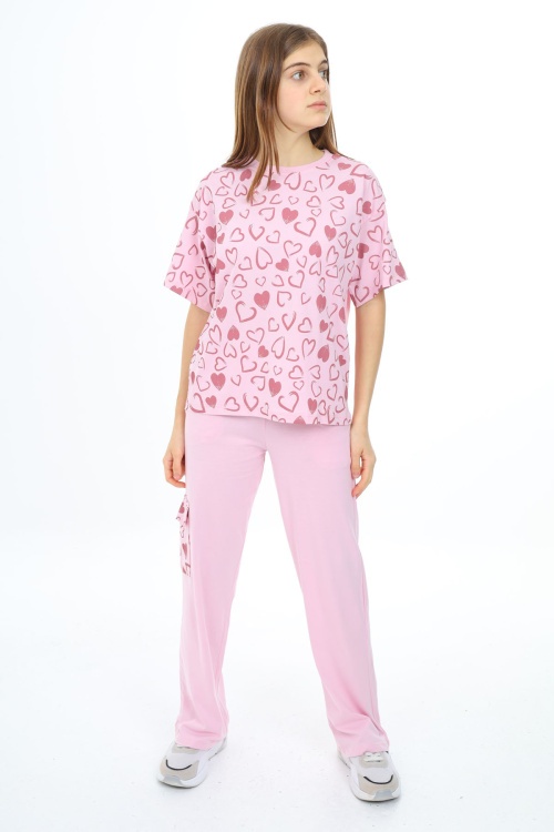 Açık Pembe Kalp Baskılı Kız Çocuk Takım 17878