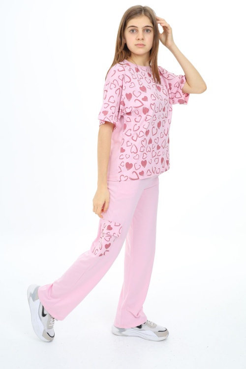 Açık Pembe Kalp Baskılı Kız Çocuk Takım 17878