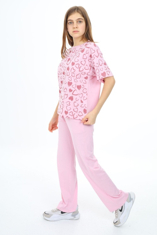 Açık Pembe Kalp Baskılı Kız Çocuk Takım 17878