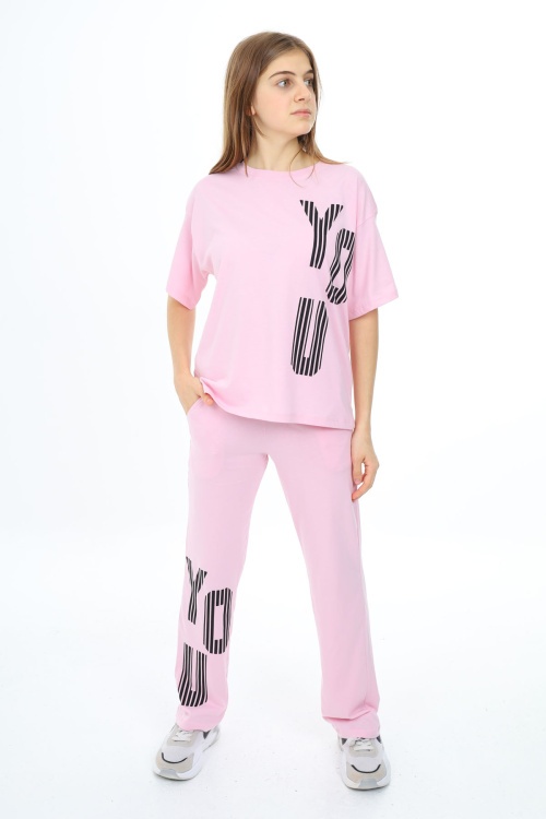 Açık Pembe You Yazı Baskılı Kız Çocuk Takım 17873