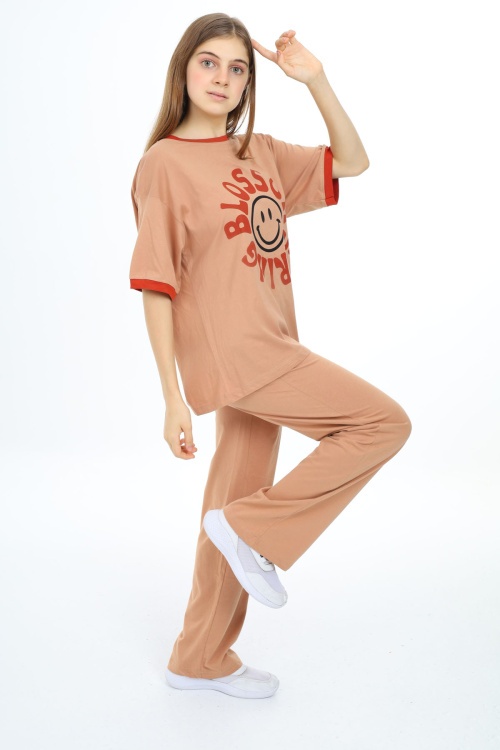 Açıkkahve Blossom Yazı Baskılı Kız Çocuk Takım 17825