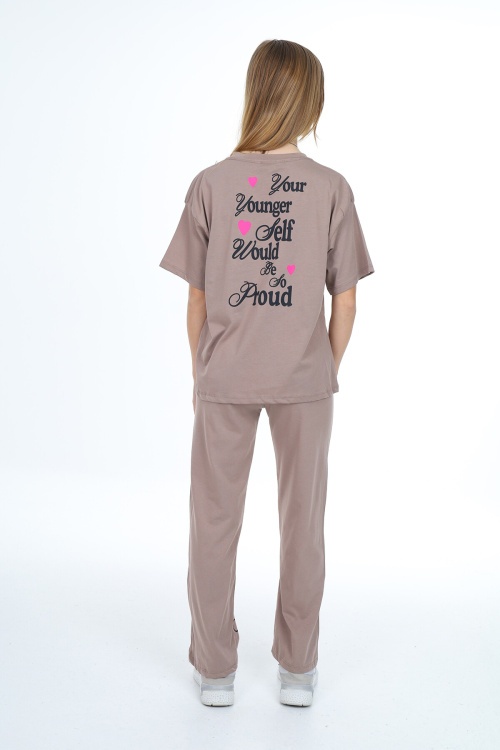 Açıkkahve Younger Yazı Baskılı Kız Çocuk Takım 17851