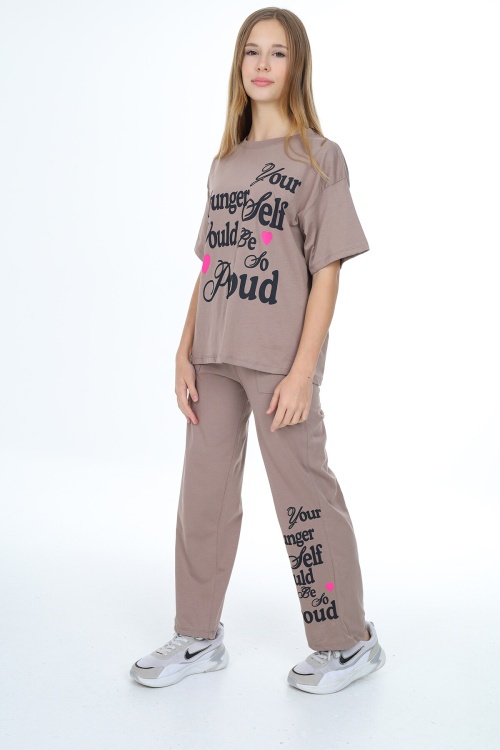 Açıkkahve Younger Yazı Baskılı Kız Çocuk Takım 17851