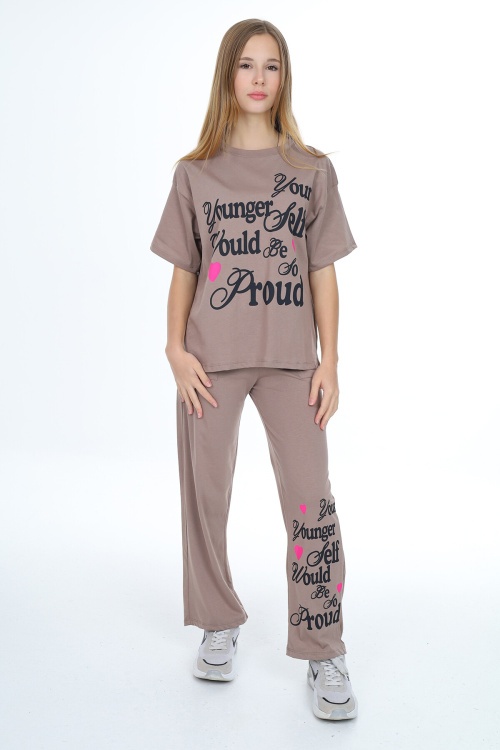 Açıkkahve Younger Yazı Baskılı Kız Çocuk Takım 17851