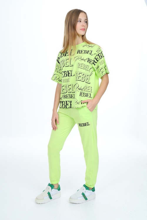 Açıkyeşil Rebel Yazı Baskılı Kız Çocuk Takım 17839