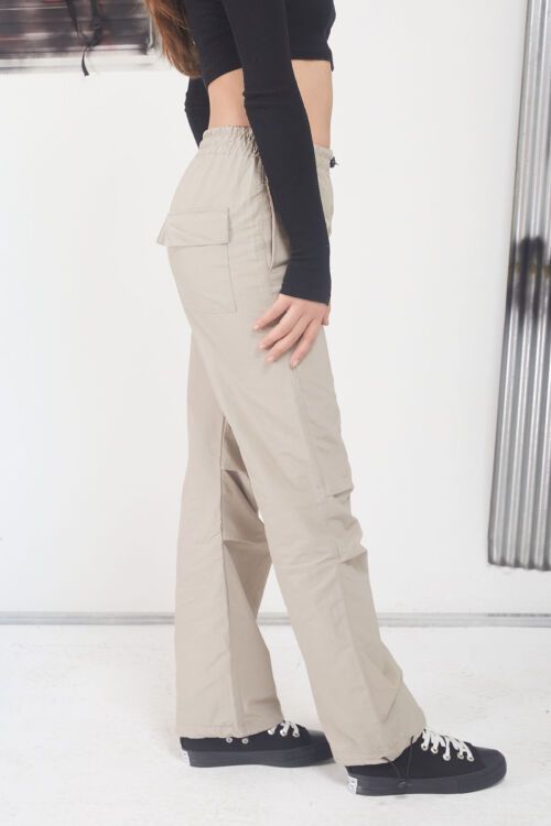 Bej Ayarlanabilir Yüksek Bel Kız Çocuk Paraşüt Pantolon 17652