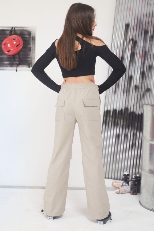 Bej Ayarlanabilir Yüksek Bel Kız Çocuk Paraşüt Pantolon 17652