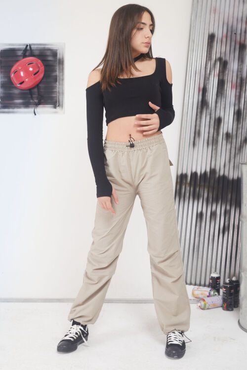 Bej Ayarlanabilir Yüksek Bel Kız Çocuk Paraşüt Pantolon 17652