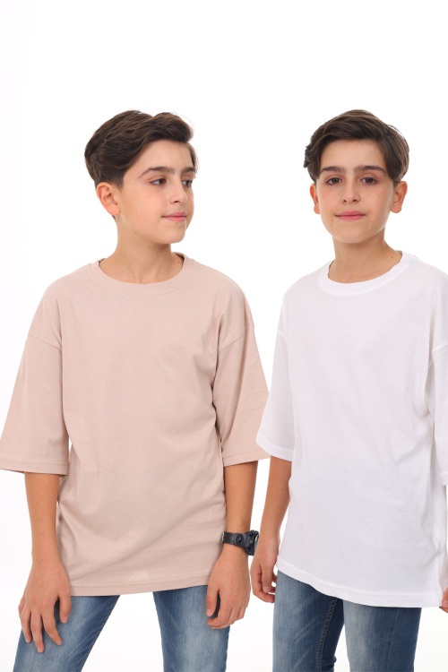 Bej - Beyaz Düz Bisiklet Yaka 2li Erkek Tişört 18047