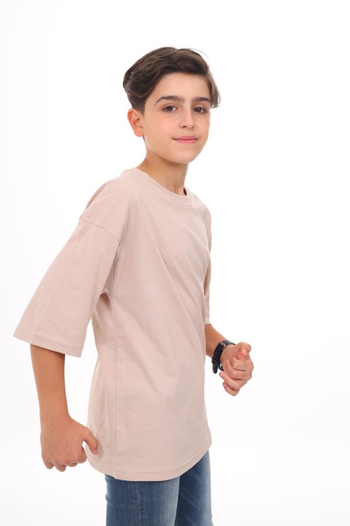 Bej - Beyaz Düz Bisiklet Yaka 2li Erkek Tişört 18047