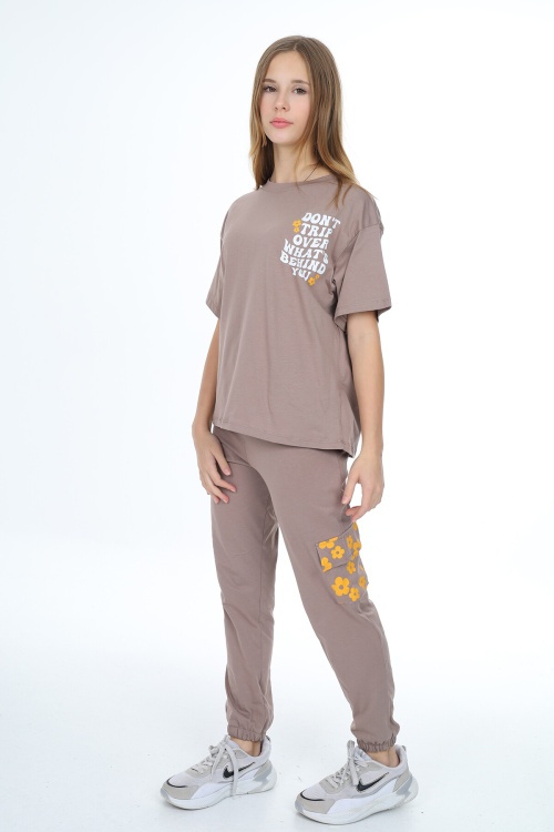 Bej Çiçek Baskılı Kız Çocuk Takım 17887