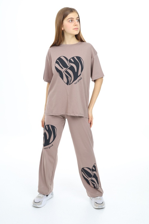 Bej Kalp Baskılı Kız Çocuk Takım 17891