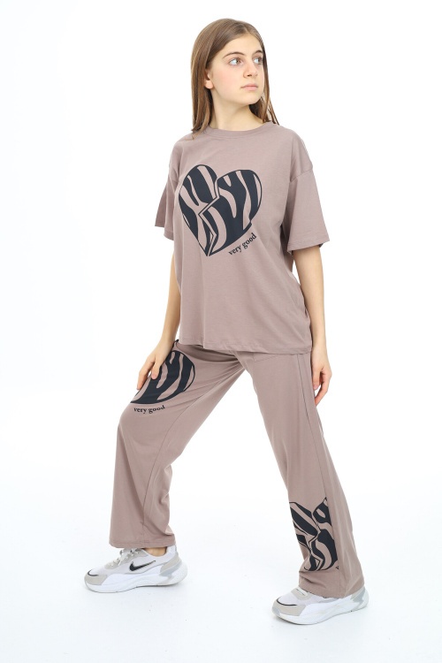 Bej Kalp Baskılı Kız Çocuk Takım 17891